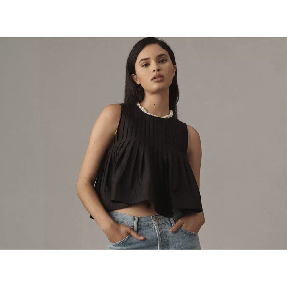 Mare Mare X Anthropologie Shirt Size Large Black Pleated Swing Tank Top Women’s